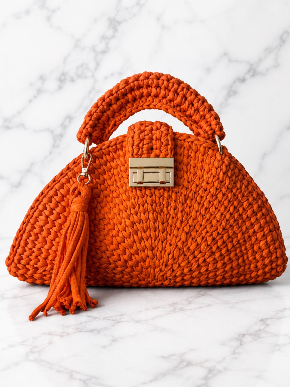 Handmade Crochet Knit, Top Handle Crossbody Satchel Bag with Gold Hardware - Picture 4 of 4